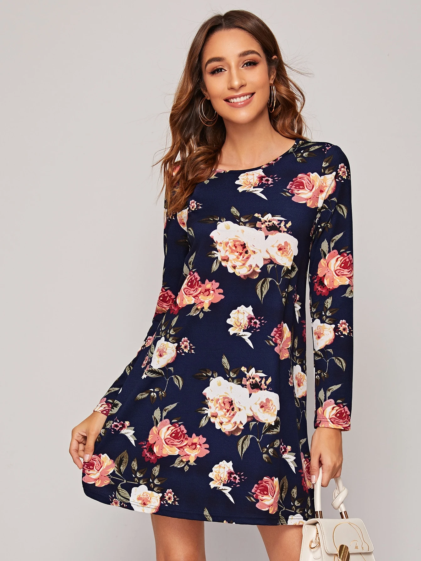 Vestido Casual Estampado Con Cuello Redondo Y Medio Puño Flo Vestido Casual Estampado Con Cuello Redondo Y Medio Puño Flo