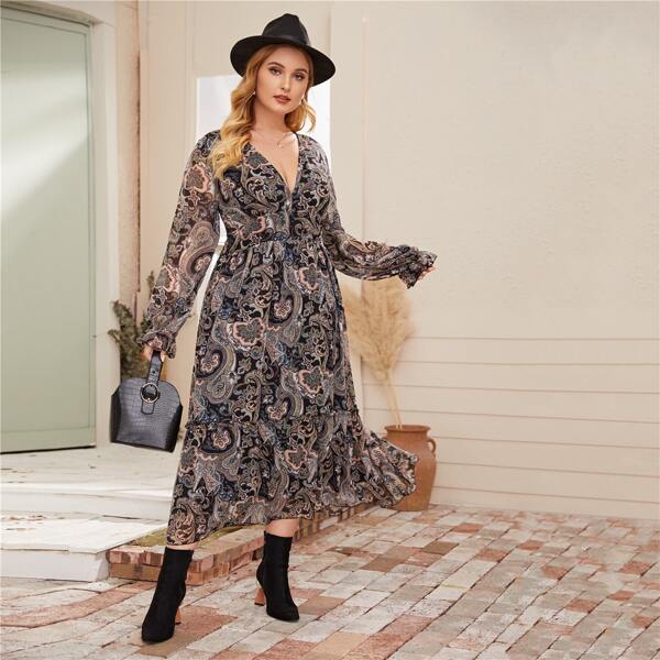

Plus Tribal Print Deep V-neck A-line Dress, Multicolor