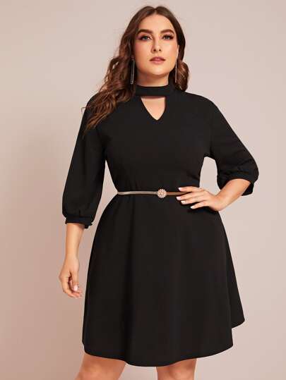 Plus V-cut Front A-line Dress Without Belt