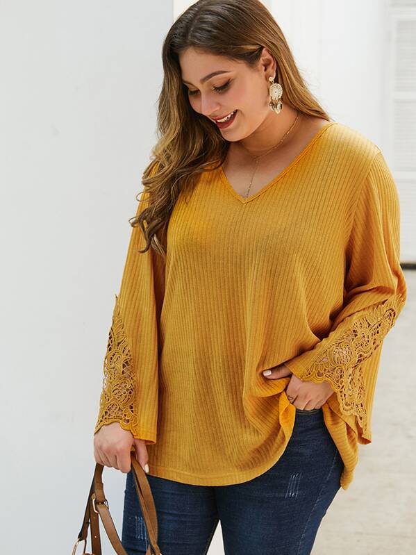 

Plus V-neck Contrast Guipure Lace Sweater, Yellow, Carol