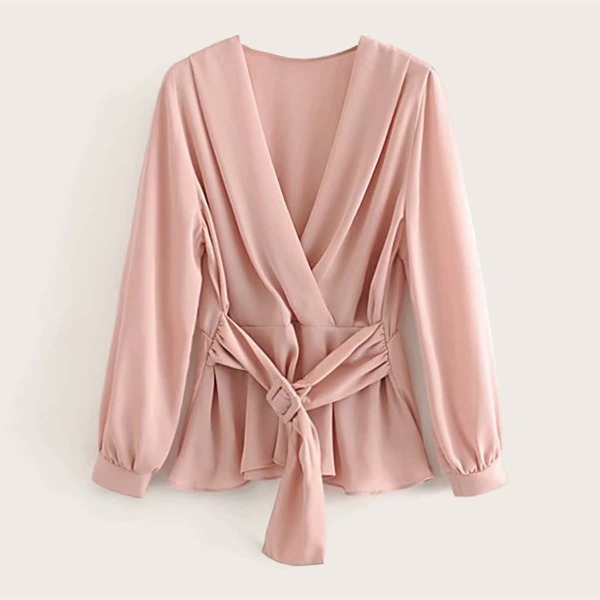 

Surplice Neck Self Tie Peplum Blouse, Pink