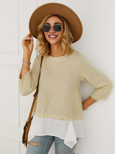 Contrast Panel Asymmetrical Hem Tweed Blouse