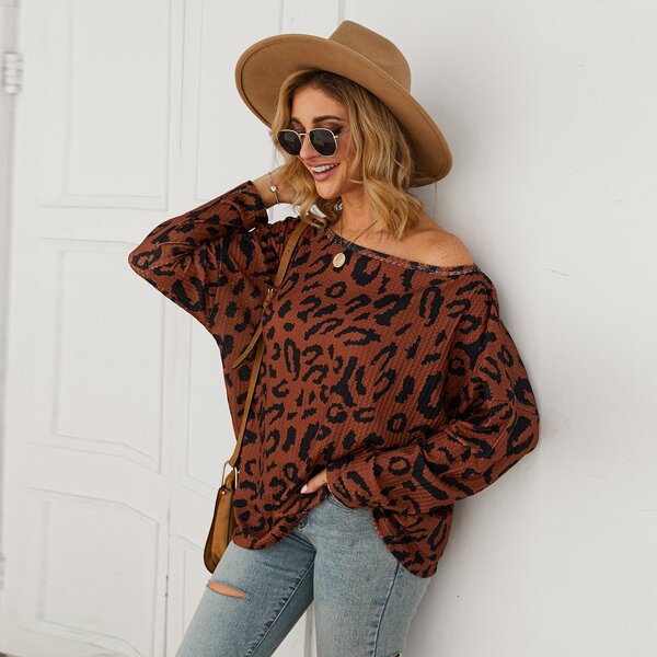 

Leopard Print Oversized Long Sleeve Tee, Rust brown