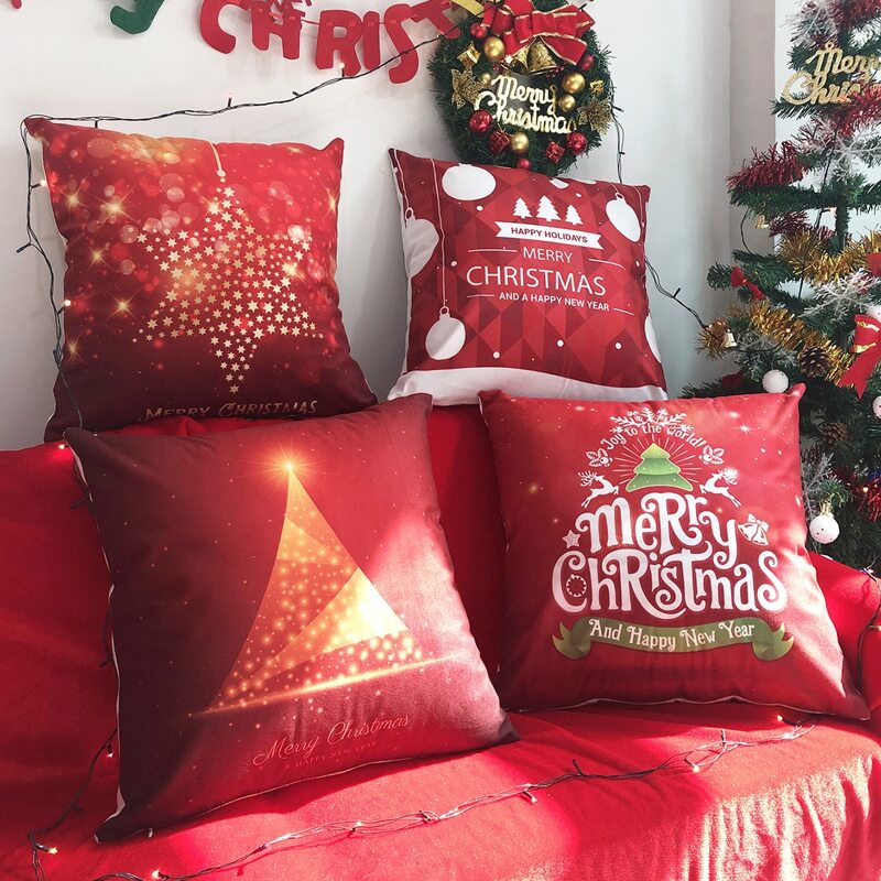 

1pc Christmas Print Cushion Cover Without Filler, Red