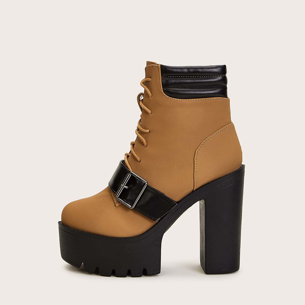 

Lace-up Platform Buckle Decor Chunky Boots, Brown