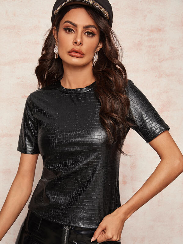 

Solid Crocodile PU Crew Neck Tee, Black, Andy