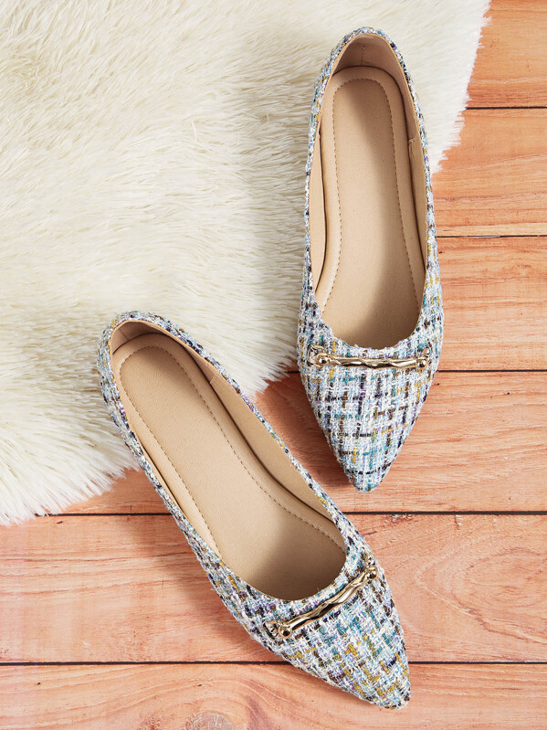 

Metal Decor Point Toe Tweed Flats, Multicolor