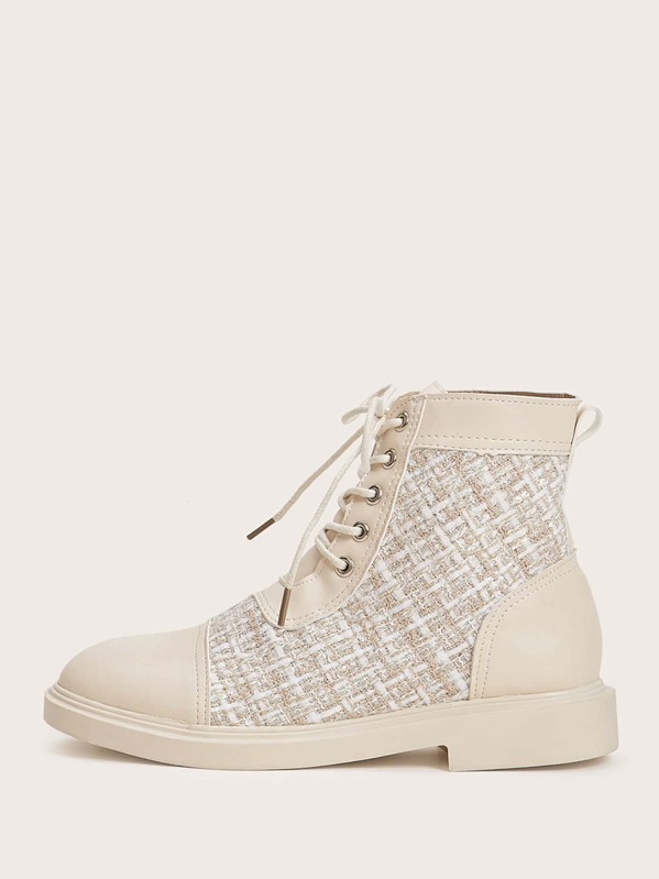 

Tweed Panel Lace-up Front Boots, Beige