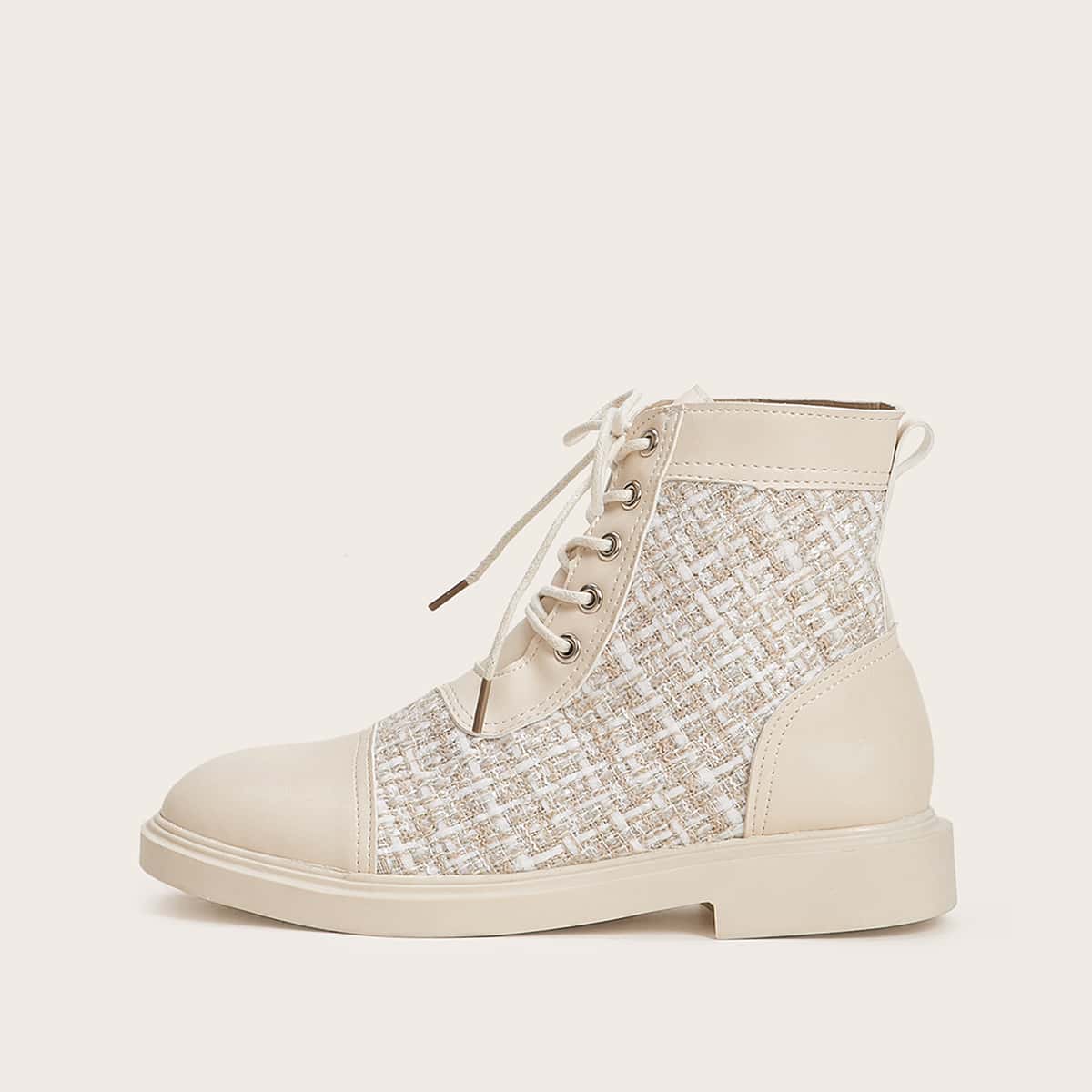 

Tweed Panel Lace-up Front Boots, Beige