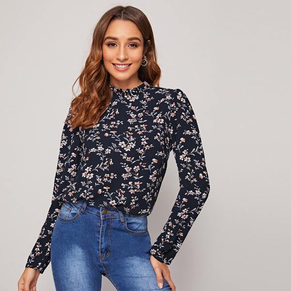 

Frilled Neck Floral Print Top, Navy