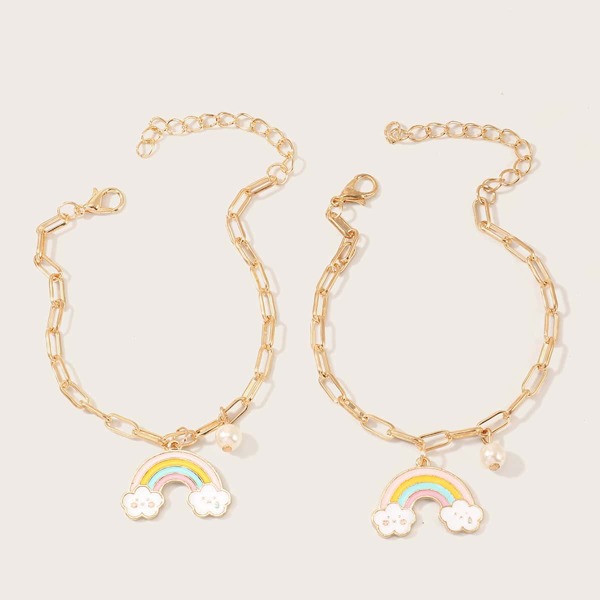 

2pcs Girls Rainbow Charm Chain Bracelet, Gold