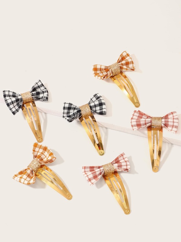 

6pcs Girls Plaid Glitter Bow Decor Hair Clip, Multicolor