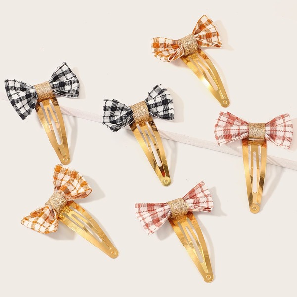

6pcs Girls Plaid Glitter Bow Decor Hair Clip, Multicolor