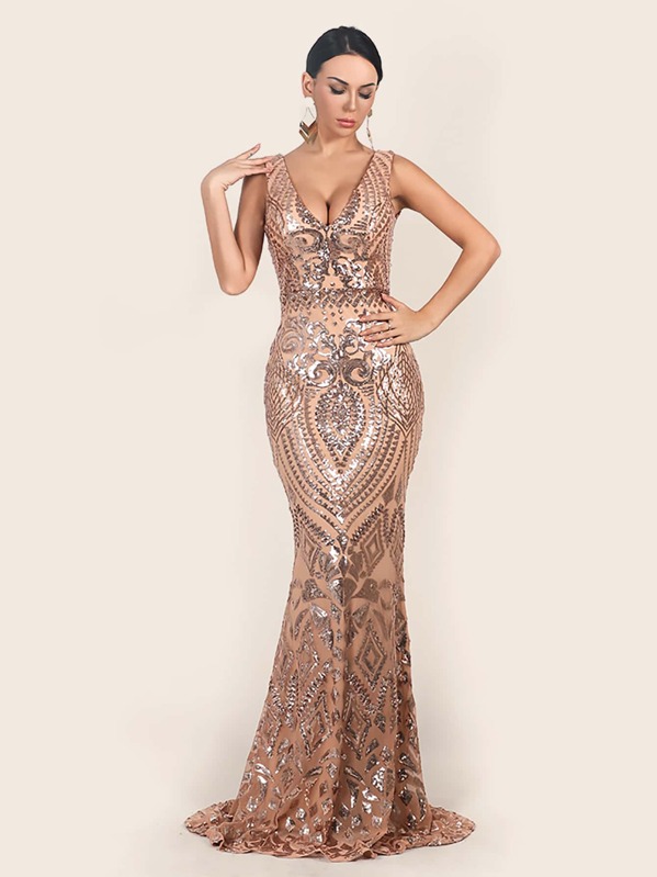 

Missord Plunging Neck Fishtail Sequin Prom Dress, Nude, Anna P