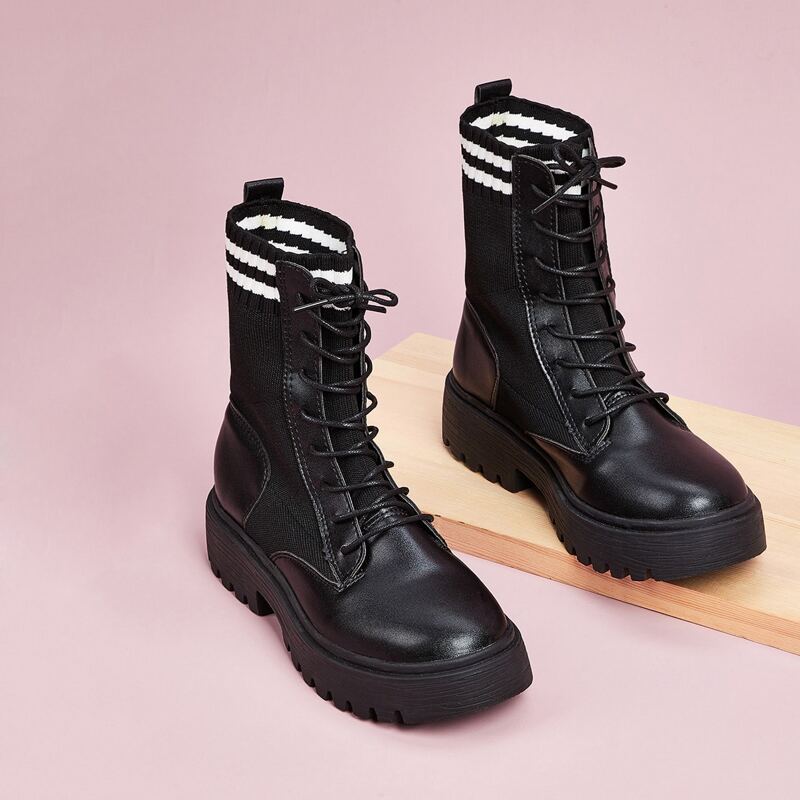 

Striped Pattern Lace-up Chunky Boots, Black