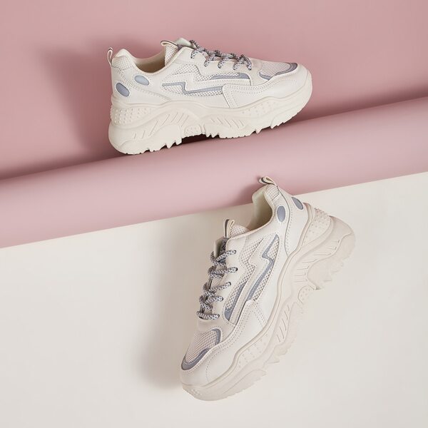 

Lace-up Front Mesh Panel Chunky Sneakers, Beige