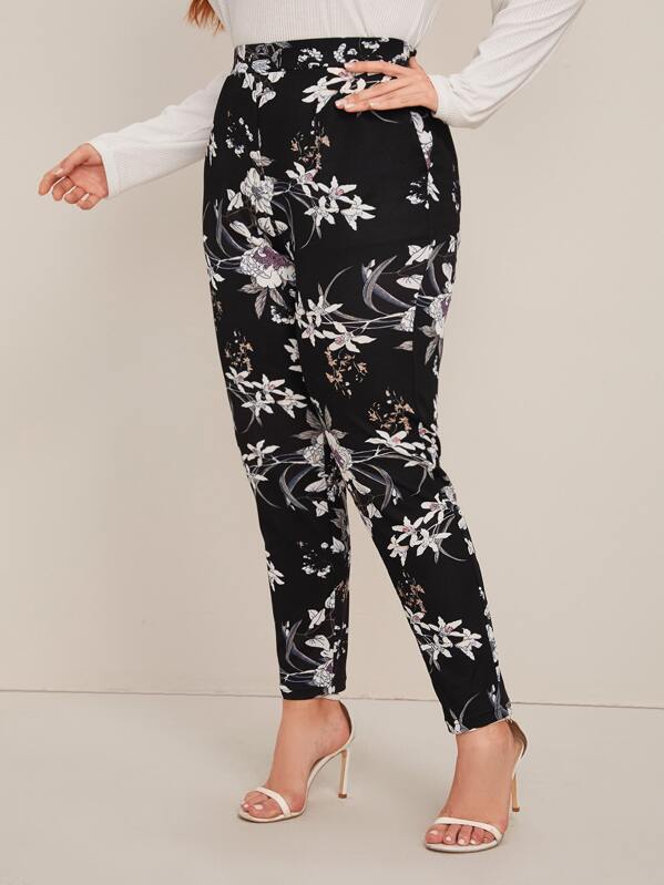 

Plus Elastic Waist Slant Pocket Floral Print Pants, Black and white, Mafe