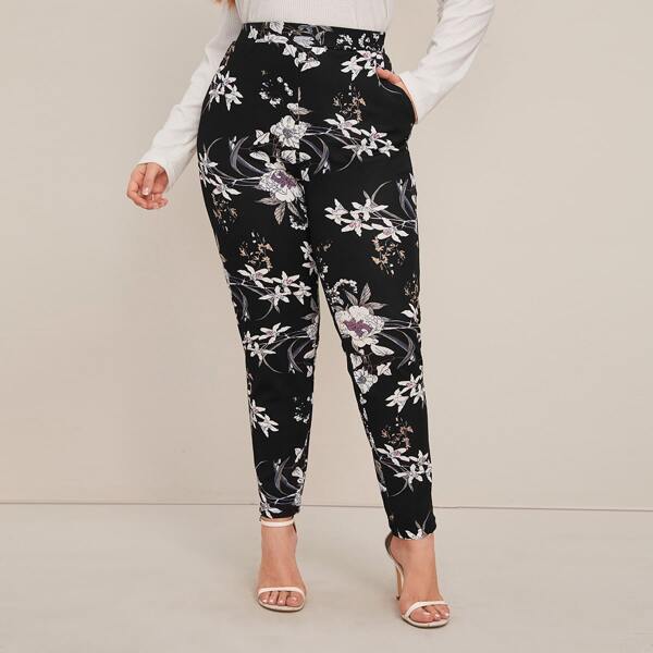 

Plus Elastic Waist Slant Pocket Floral Print Pants, Black and white
