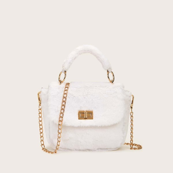 

Twist Lock Fluffy Flap Satchel Bag, White
