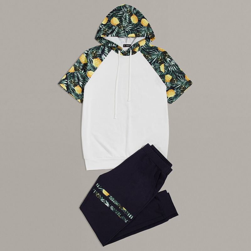 

Guys Tropical Print Raglan Sleeve Drawstring Hoodie & Pants Set, Multicolor
