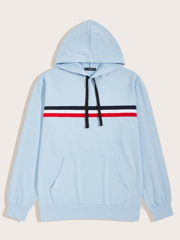 

Men Striped Tape Kangaroo Pocket Drawstring Hoodie, Blue