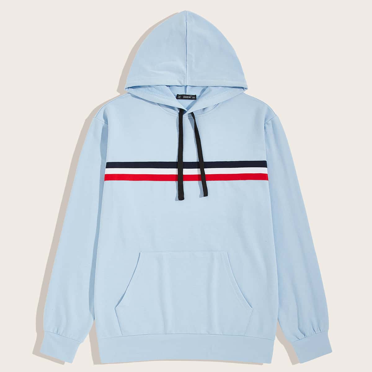

Guys Striped Tape Kangaroo Pocket Drawstring Hoodie, Blue pastel