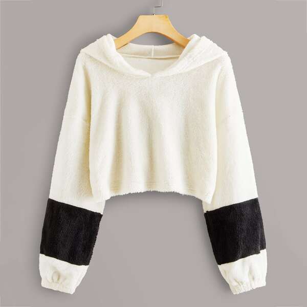 

Color Block Drop Shoulder Crop Teddy Pullover, Beige