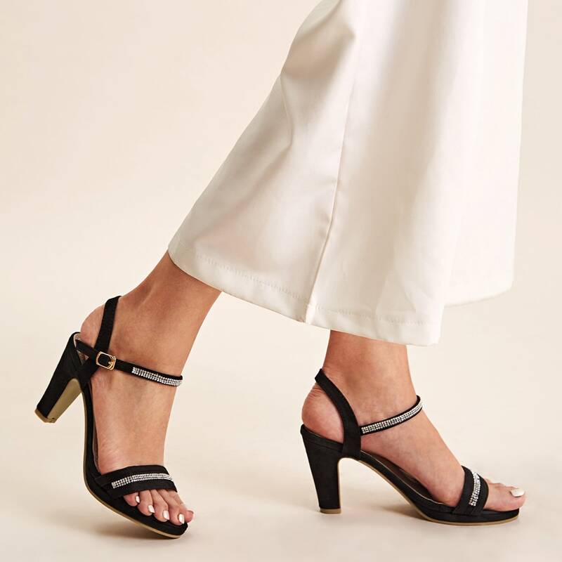 

Open Toe Rhinestone Decor Chunky Heels, Black