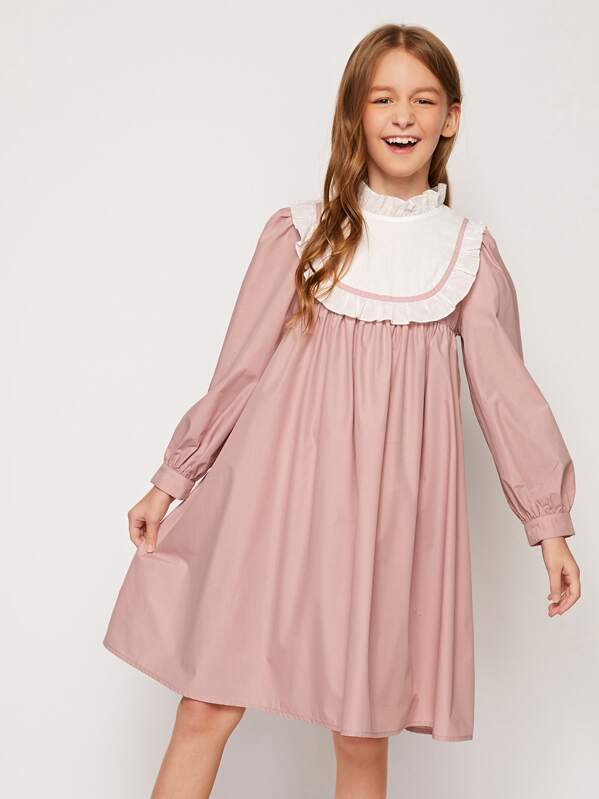 

Girls Frill Trim Contrast Yoke Smock Dress, Pink, Sashab