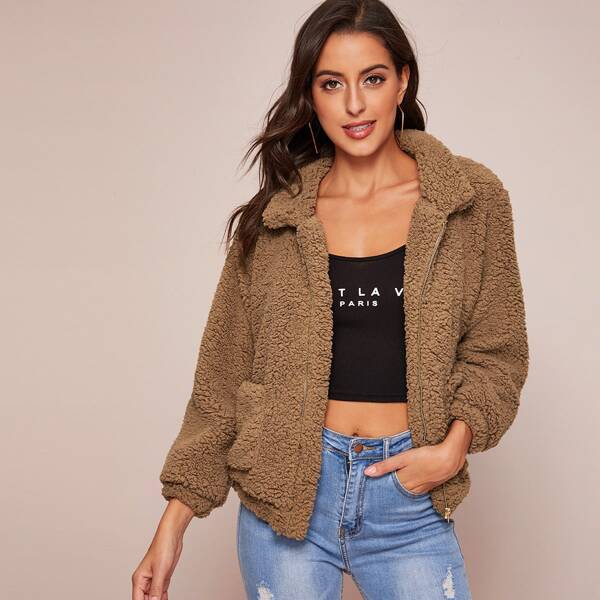 

Zip Up Double Pocket Teddy Jacket, Brown
