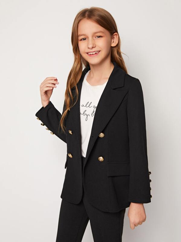 

Girls Notched Collar Double Breasted Blazer, Black, Sashab