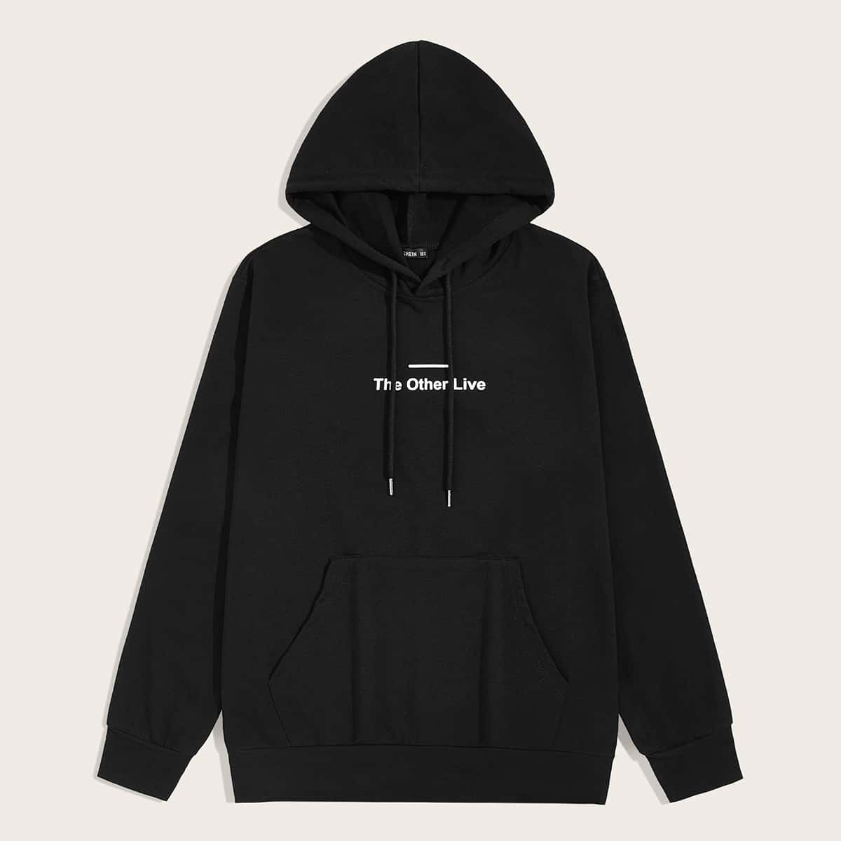 

Guys Slogan Graphic Pouch Pocket Hoodie, Black