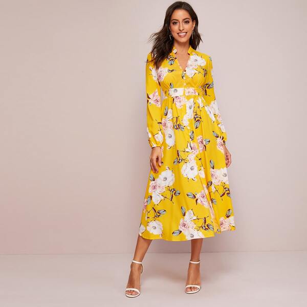

Notch Collar High Waist Button Up Floral Dress, Yellow