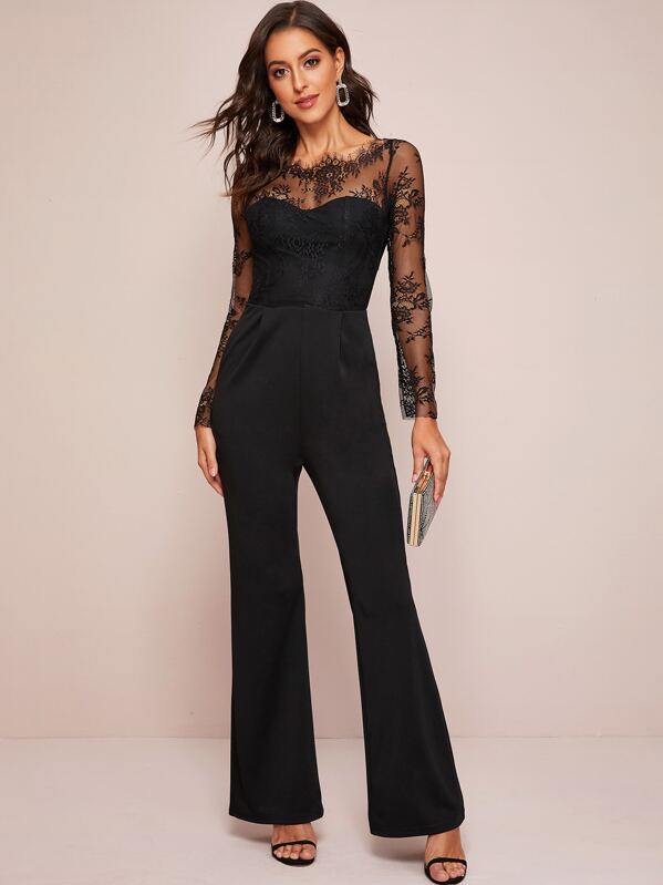 

Zip Back Sheer Lace Yoke Flare Leg Jumpsuit, Black, Mary P.