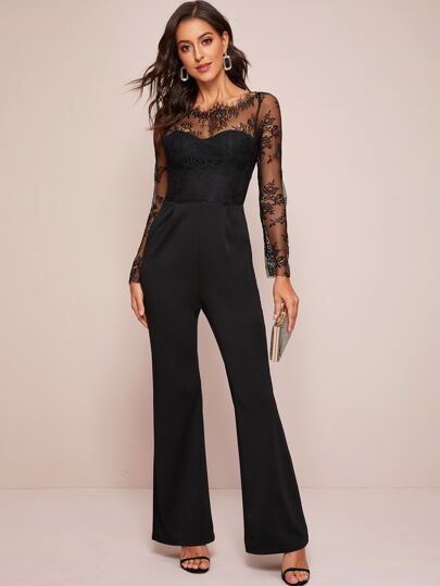 Zip Back Sheer Lace Yoke Flare Leg Jumpsuit