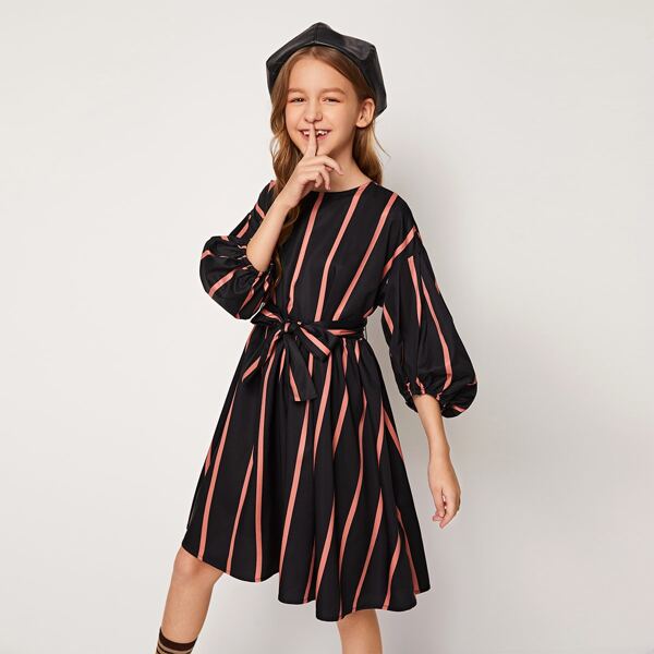

Girls Lantern Sleeve Striped Belted Dress, Black