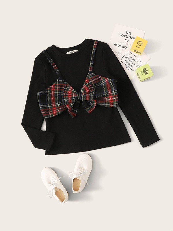 

Girls Tee With Bow Front Tartan Cami, Black