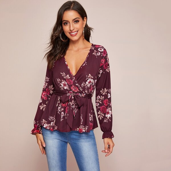 

Floral Print Belted Peplum Top, Purple