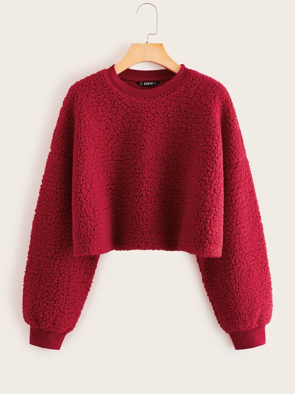 

Drop Shoulder Bishop Sleeve Teddy Crop Pullover, Red