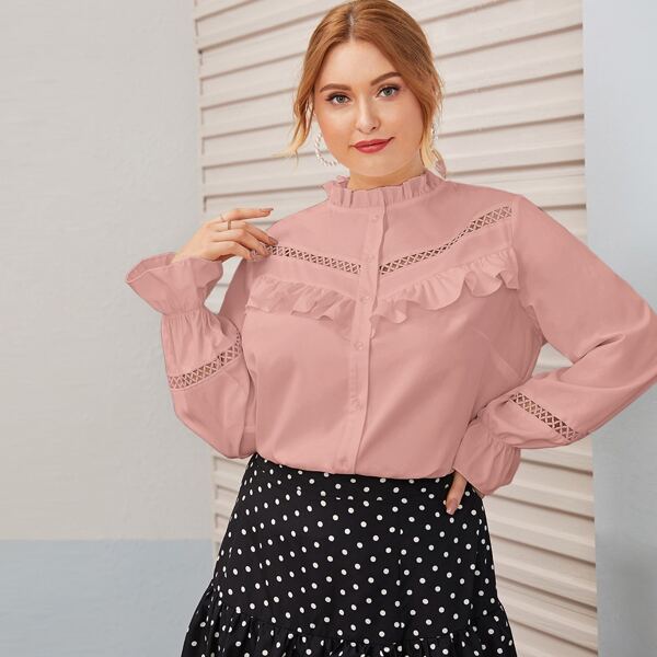 

Plus Frill Trim Button Through Blouse, Pink