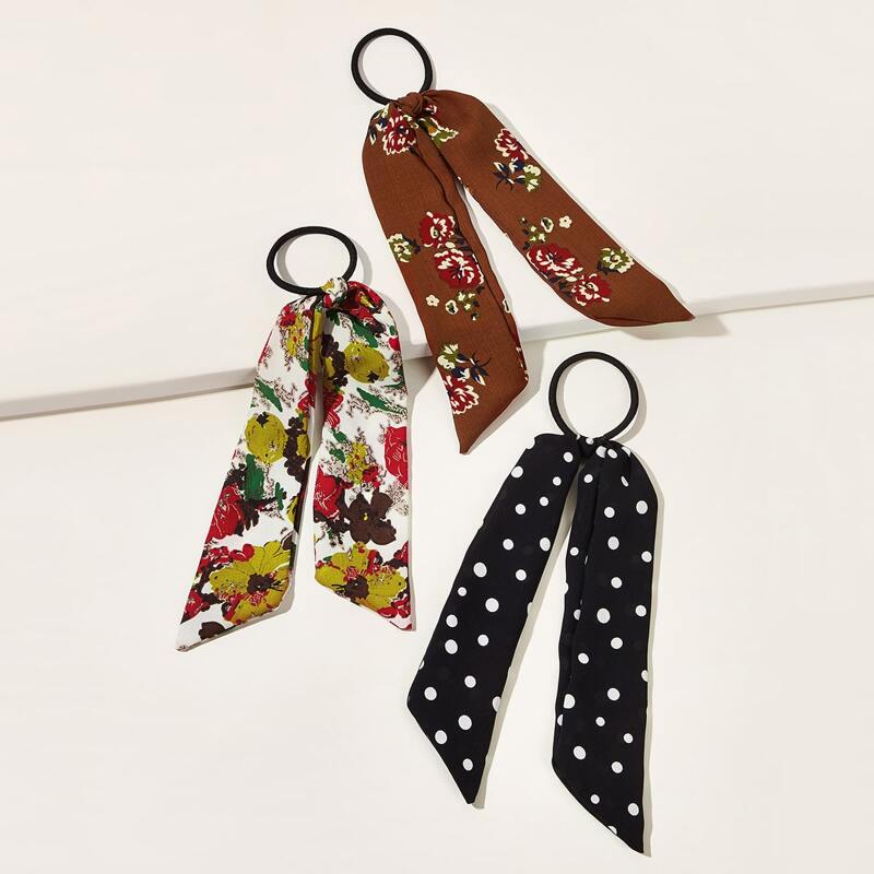 

3pcs Flower & Polka Dot Pattern Hair Tie, Multicolor