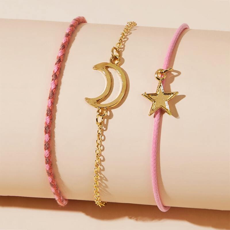 

3pcs Moon & Star Decor Bracelet Set, Multicolor
