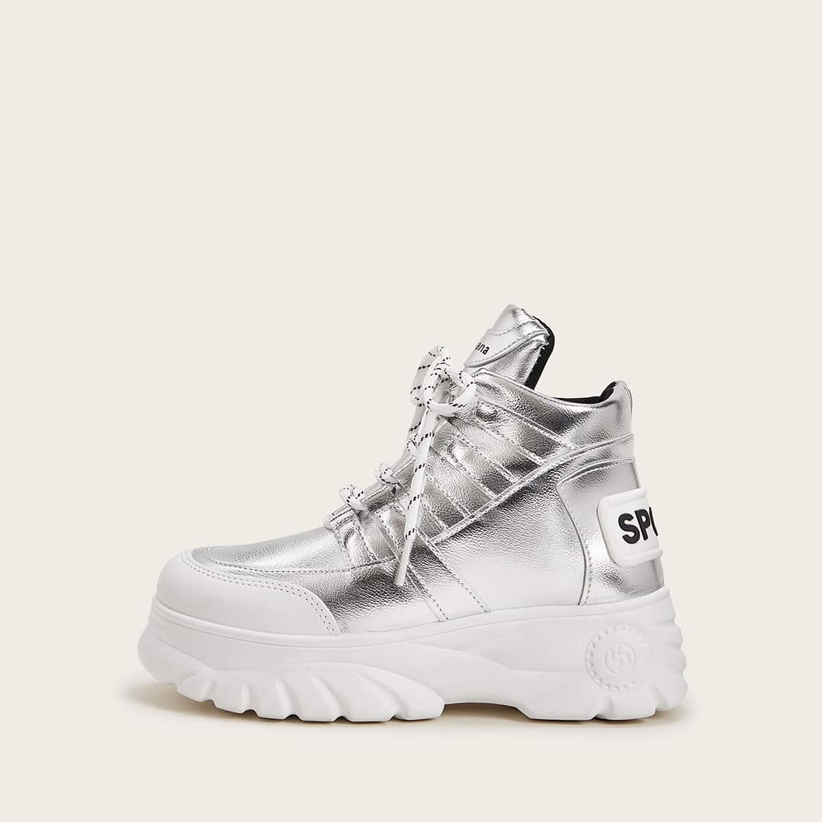

Letter Patch Metallic Chunky Sneakers, Silver