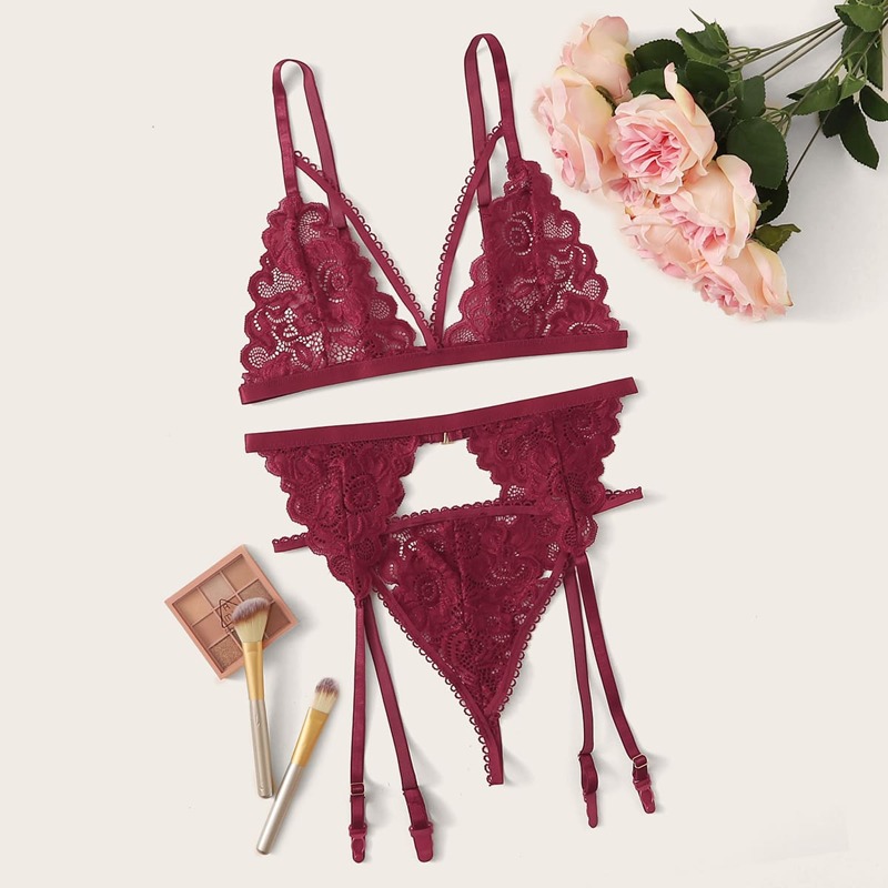 

Floral Lace Harness Garter Lingerie Set, Burgundy