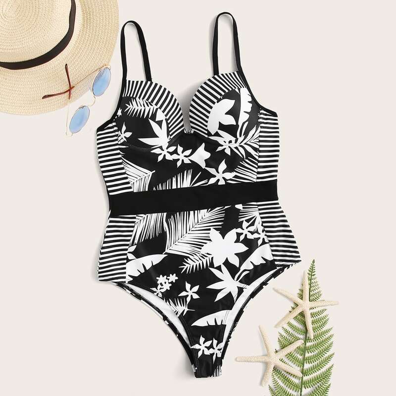 

Striped & Floral Random Print One Piece Swimwear, Black and white