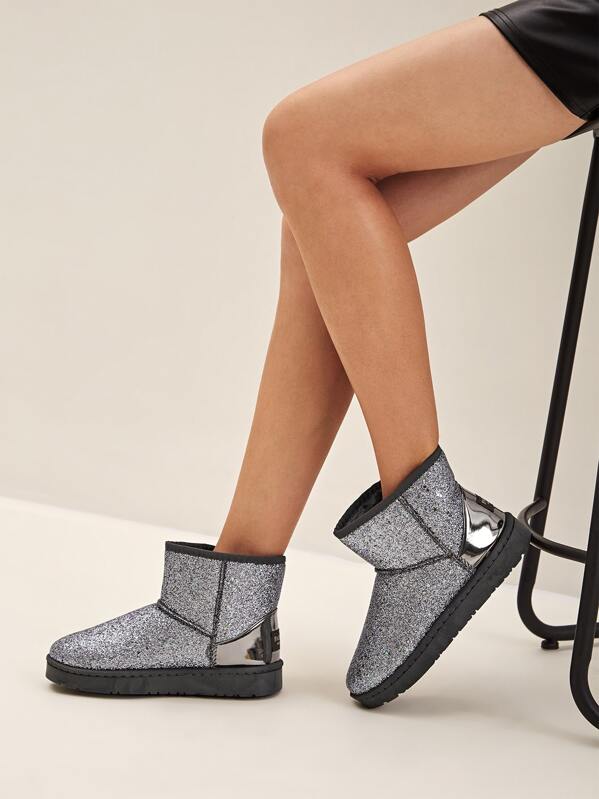 

Letter Patch Decor Glitter Snow Boots, Silver