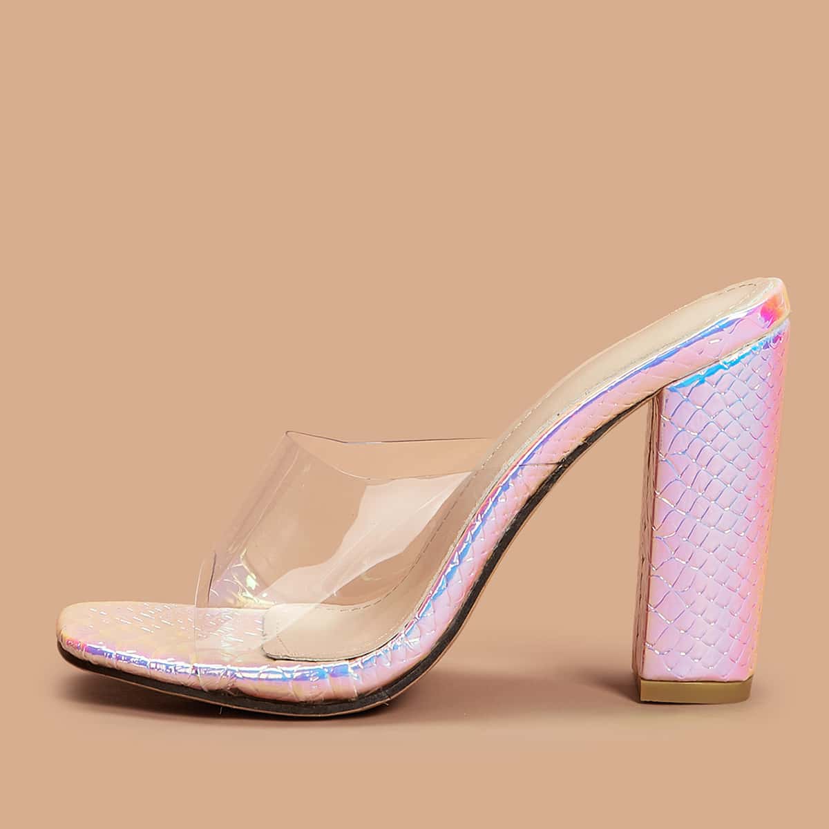 

Snakeskin Print Chunky Heeled Mules, Multicolor