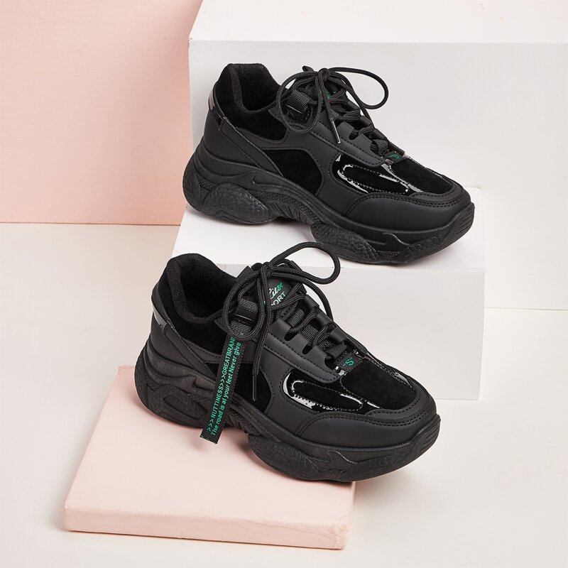 

Letter Tape Lace-up Front Chunky Sneakers, Black