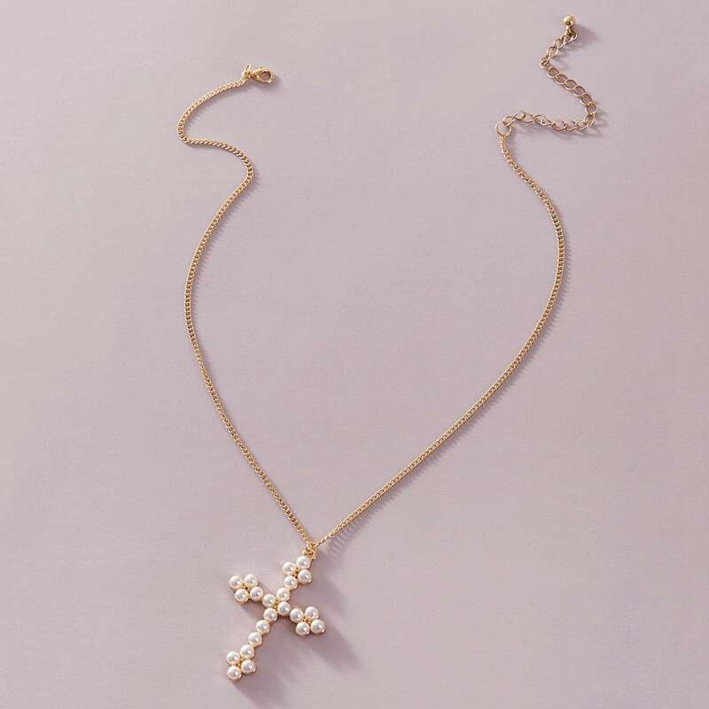 

1pc Faux Pearl Decor Cross Charm Necklace, Gold