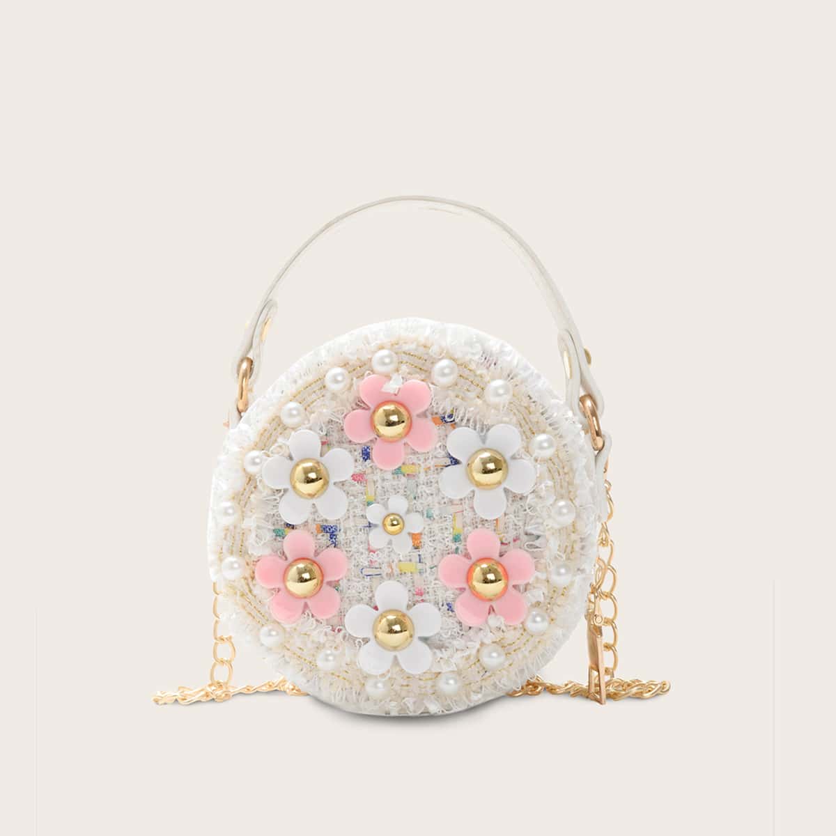 

Mini Floral Applique & Faux Pearl Decor Satchel Bag, White